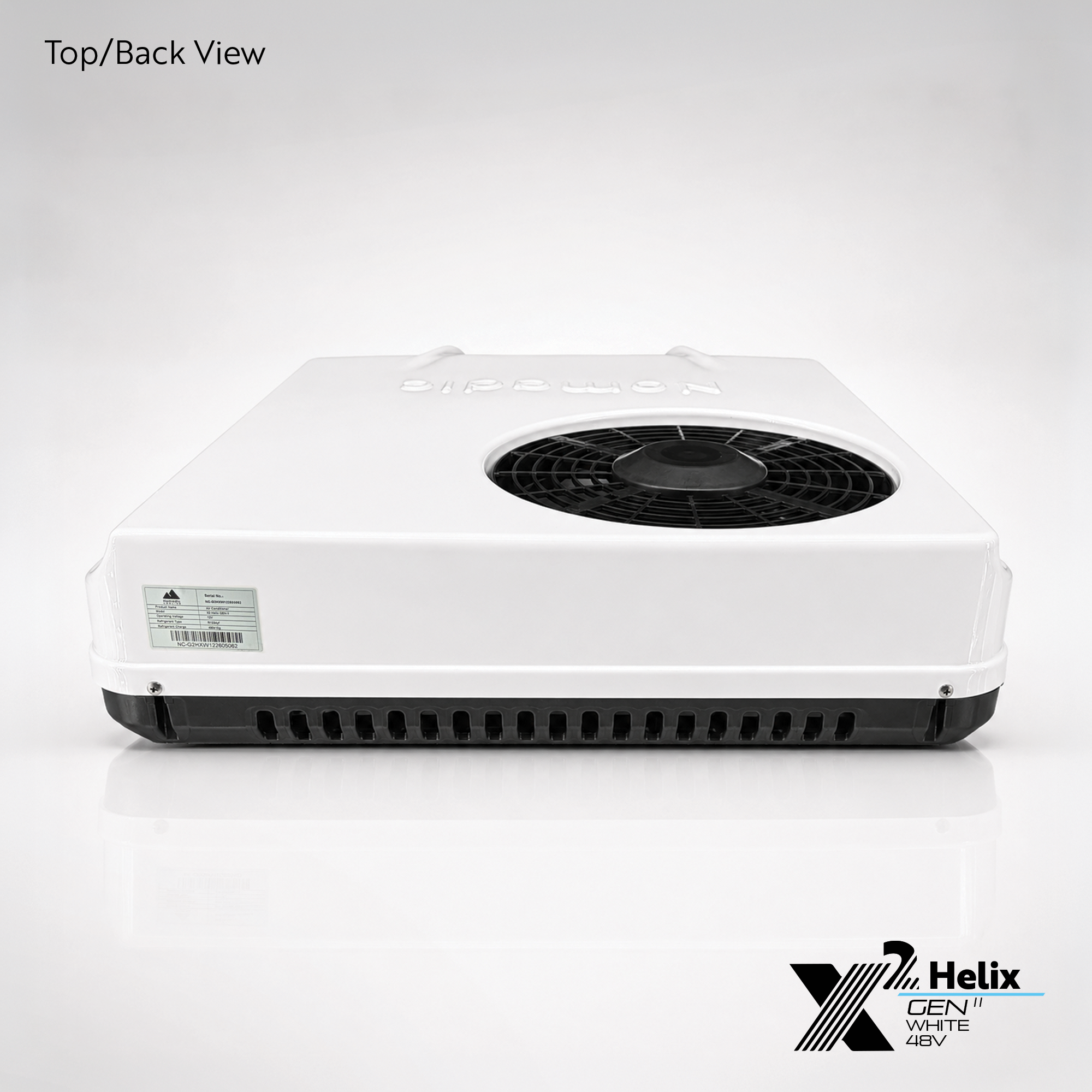 X2 Helix Gen II white 48V DC rooftop air conditioner shown from the top-back view with condenser fan, rear venting, and low-profile shroud.