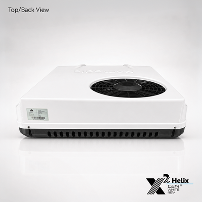 X2 Helix Gen II white 48V DC rooftop air conditioner shown from the top-back view with condenser fan, rear venting, and low-profile shroud.