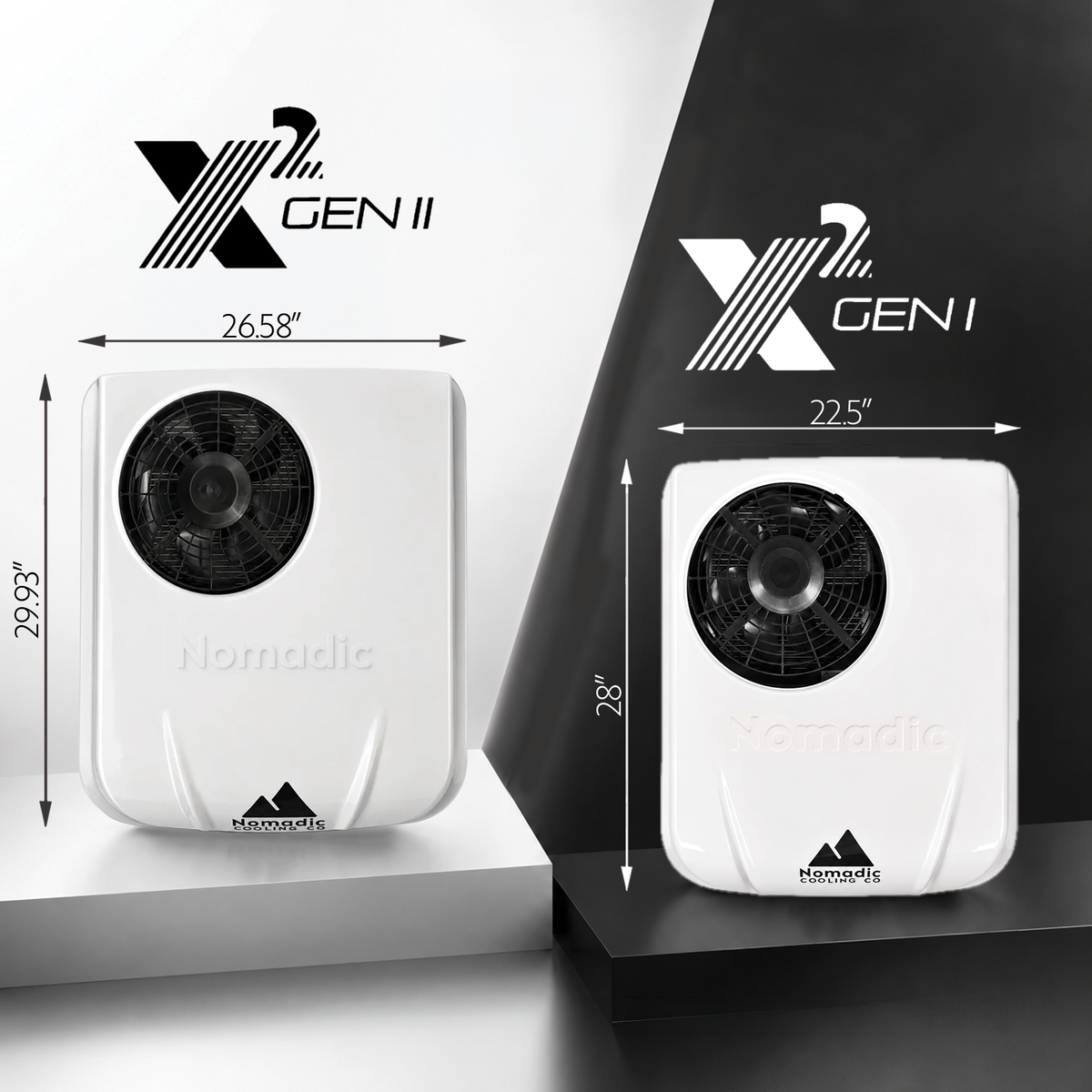 Two white Nomadic X Gen II portable fans shown side by side with dimension arrows and text indicating 26.58 x 29.