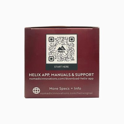Maroon box with Helix app QR code and text on a white background